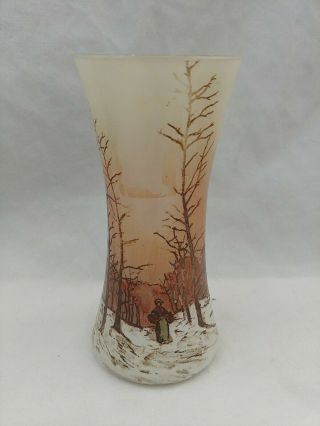 French Enameled Art Glass Vase - Winter Landscape Scene,  Possibly Legras 5.  5 "