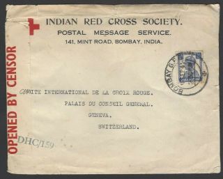 India Ww2 Red Cross Postal Message Service Censored Cover To Red Cross Geneva