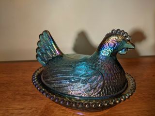Vintage Iridescent Indiana Carnival Glass Candy Dish Hen On Nest