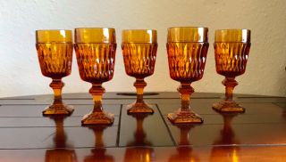 5 Vintage Amber Diamond Cut Wine Water Glasses Mt Vernon Indiana Glass Barware