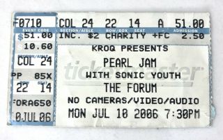 Pearl Jam 2006 Concert Ticket Stub With Sonic Youth The Forum Inglewood Ca