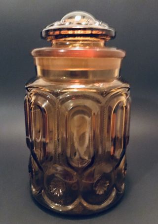 Vintage Le Smith Moon & Stars Amber Glass Apothecary Jar W/ Lid