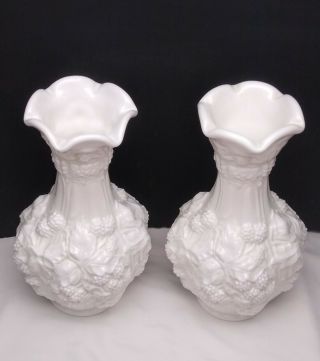 Vintage Imperial Milk Glass Loganberry Grape And Leaf 10 " Vases