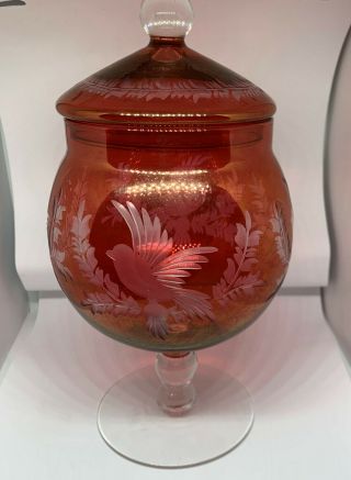 Candy Dish Bohemain Cranberry Red Cut To Clear Bird Branches Lid 8 "