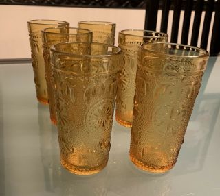 Vintage Set Of 6 Tiara Amber Indiana Glass Tumbler Juice Glasses