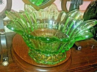Vintage Large 1940/50s Green Glass Fruit Bowl By Sowerby