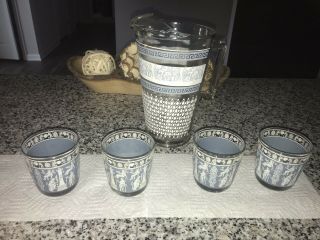 Mcm Jeanette Glass Pitcher,  Set Of 4 Wedgewood Blue Gray Greek Hellenic Barware