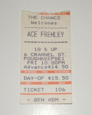 Kiss Band Ace Frehley Solo Tour Concert Ticket Stub The Chance Poughkeepsie Ny