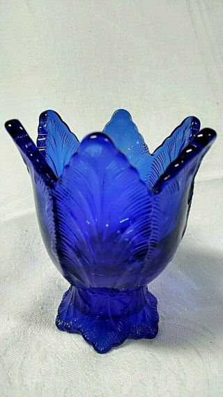 Fenton Glossy Cobalt Blue Two Way Candle Holder Votive Taper Feather Pattern