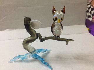Murano Glass,  Pirelli Glass:glass Spotted Owl & Moon Figure,  Owl Ornament