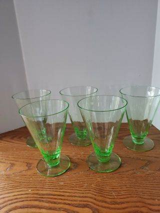 Vintage Set Of 5 Green Depression Glass Twisted Optic Swirl Parfait Vaseline