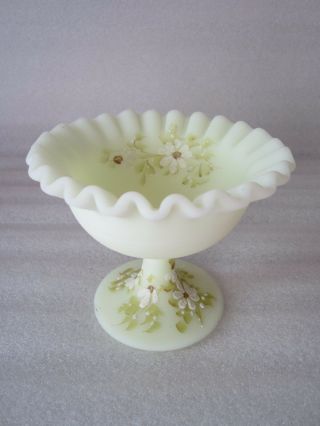 Vintage Fenton Hand Painted Custard Satin Glass Ruffled Rim Footed Vase