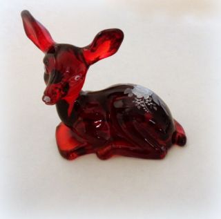 Vintage Fenton Glass Deer Ruby Red Hand Painted Fawn White Rose Signed