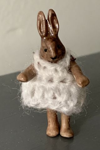 Bisque Hertwig Carl Horn Miniature Jtd 1.  75” Rabbit White Crocheted Dress