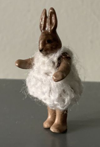BISQUE HERTWIG CARL HORN MINIATURE Jtd 1.  75” Rabbit White Crocheted Dress 3