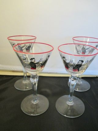 4 Vintage Libbey Pickwick Cocktail Cordial Glasses Men Red Black Toasting