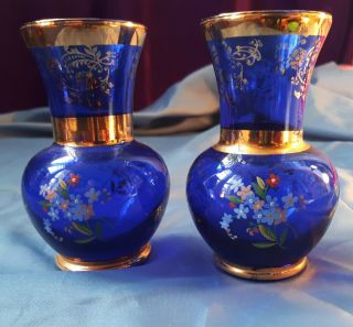 Pair Vintage 1950s Bohemian (czech) Cobalt Blue & Gold Glass Vases.  Floribunda