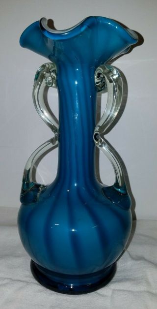 Vintage Venetian Murano Glass Blue & White Swirl Vase.