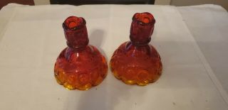 L E Smith Moon & Stars Flame Red Amberina 2 Candle Holders