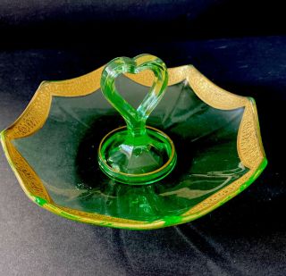 Vintage Green Depression Glass Candy Dish/trinkets Love Handle & Gold Trimmed