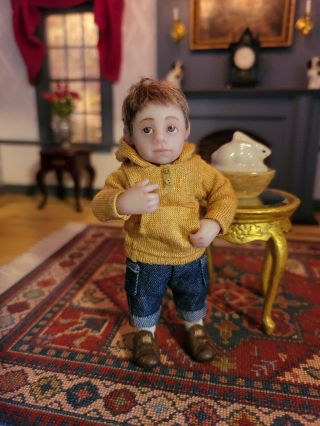 Miniature Artisan Irina Martin Adorable Hand Sculpted Boy In Bear Hoodie Doll