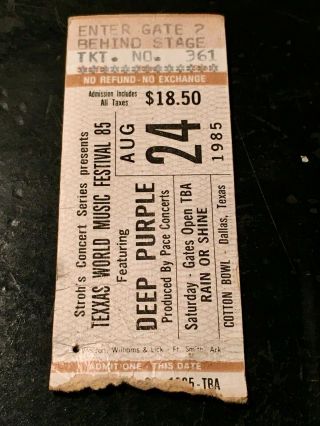Deep Purple 1985 Concert Ticket Stub - Texxas World Music Festival