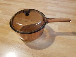 Vtg Visions Corning Ware 1.  5 L Amber Glass Sauce Pan Pot W/ Pyrex Lid Cookware
