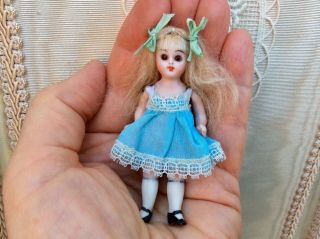 Tiny 3” Antique German All Bisque Dollhouse Doll Miniature Mignonette Glass Eyes