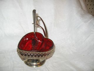 Vintage Red Heart Shaped Sugar / Candy Dish With Hanging Spoon