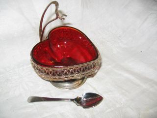 vintage red heart shaped sugar / candy dish with hanging spoon 2