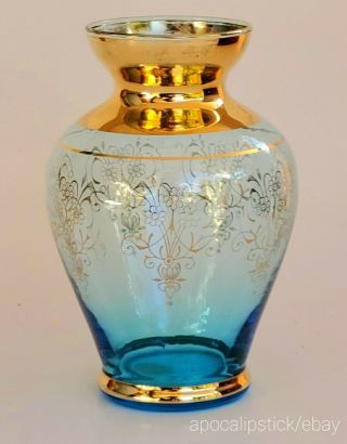 Vintage Laguna Vecchia Murano Italy Glass Vase Blue 24k Gold Gilt Hand Painted