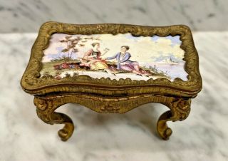 Antique Brass Porcelain Romantic Enamel Miniature Small Table