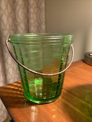 Ice Bucket Anchor Hocking Block Optic Green Uranium Depression Era Glass