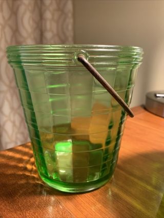 Ice Bucket Anchor Hocking Block Optic Green Uranium Depression Era Glass 2