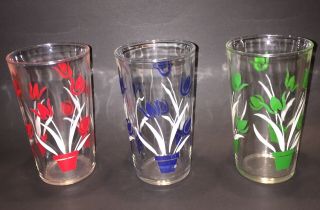 Swanky Swigs 4 1/2” Kraft Glasses Red,  Blue And Green Potted Tulips Juice Glass