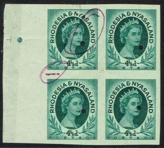Rhodesia & Nyasaland - 1954 - 56 Qeii 4½d Sg6 Block Of 4 Imperforated Plate Proofs