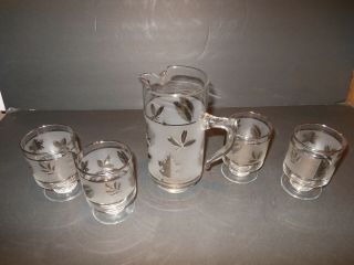 5 Piece Juice Set Of Libbey Glass Frosted Ban Silver Leaf Stemware Glasses & Pi