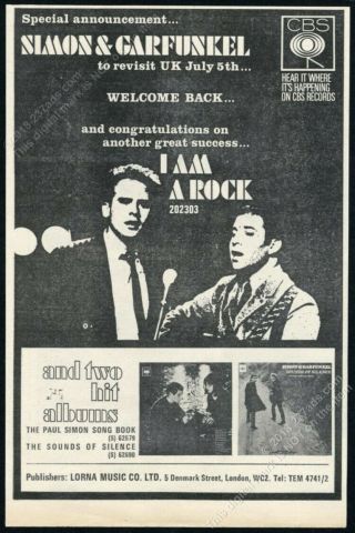 1966 Simon & Garfunkel Photo I Am A Rock Record Release Scarce Uk Print Ad