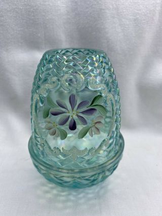 Fenton Glass Blue Carnival Iridescent Hp M Young Basketweave Fairy Light Lamp