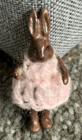 Bisque Hertwig Carl Horn Miniature Jtd 1.  75” Rabbit Pink Crocheted Dress
