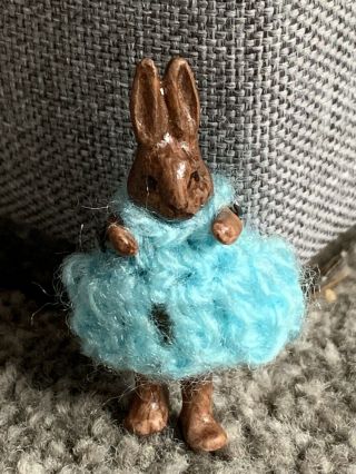 Bisque Hertwig Carl Horn Miniature Jtd 1.  75” Rabbit Blue Crocheted Dress