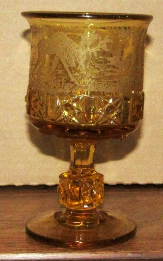 Eapg Bellaire Goblet Co Amber Etched Stars & Bars Moose & Dog Goblet 1870 
