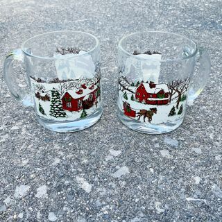 Vtg Libbey Christmas Winter Scene Horse Sleigh Mugs 2 Clear Usa Snow