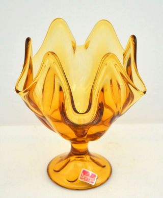 Vintage Viking Glass Amber Flower Shaped Footed Vase