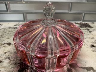 Vintage Old Cafe Anchor Hocking Red Pink & Clear Pressed Glass Candy Dish