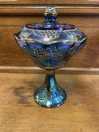 Indiana Glass Carnival Iridescent Blue Covered Compote Candy Dish Harvest Grape