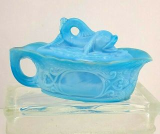 Vintage Blue Opaque Slag Milk Glass - Dolphin Sauce Dish - Covered Lid - Embossed
