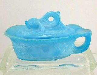 Vintage Blue Opaque Slag Milk Glass - Dolphin Sauce Dish - Covered Lid - Embossed 2