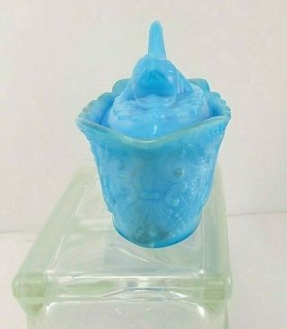 Vintage Blue Opaque Slag Milk Glass - Dolphin Sauce Dish - Covered Lid - Embossed 3