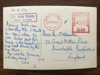 Straits Settlements Singapore Old Postcard Malaya Singapore To England